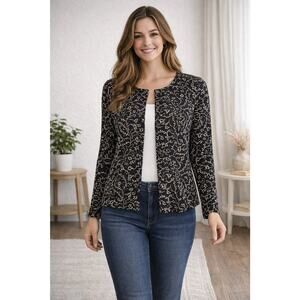 New York & Company Black And Beige Floral Damask Knit Cardigan Sweater Size L